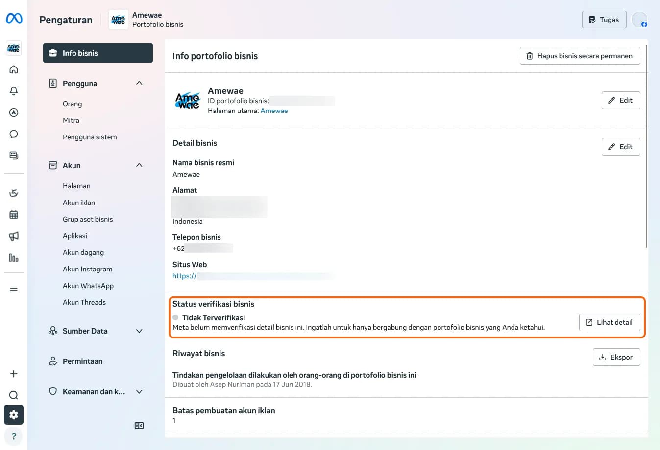 Business info page showing verification status Not verified