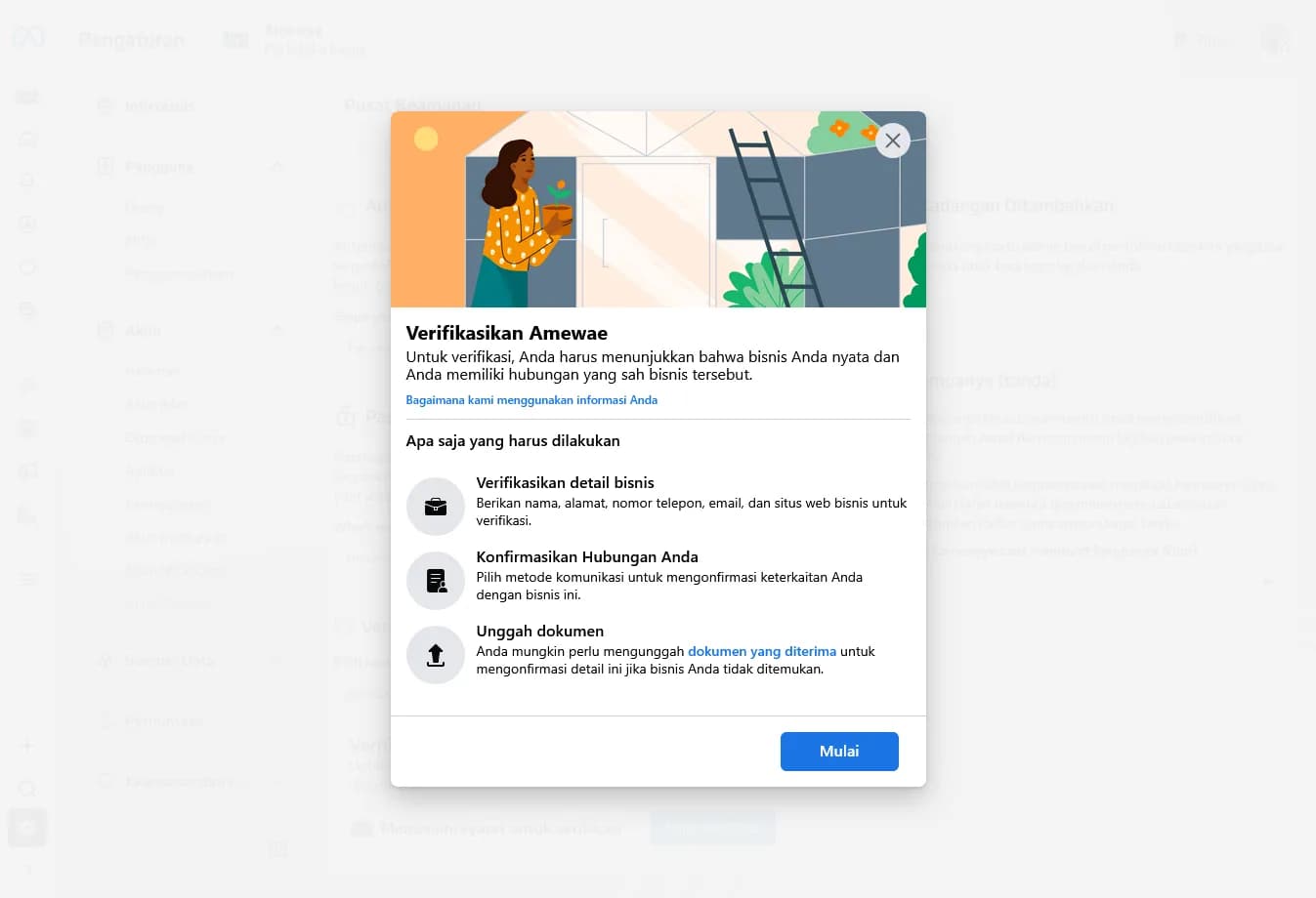 The Verify your business intro modal listing the three steps
