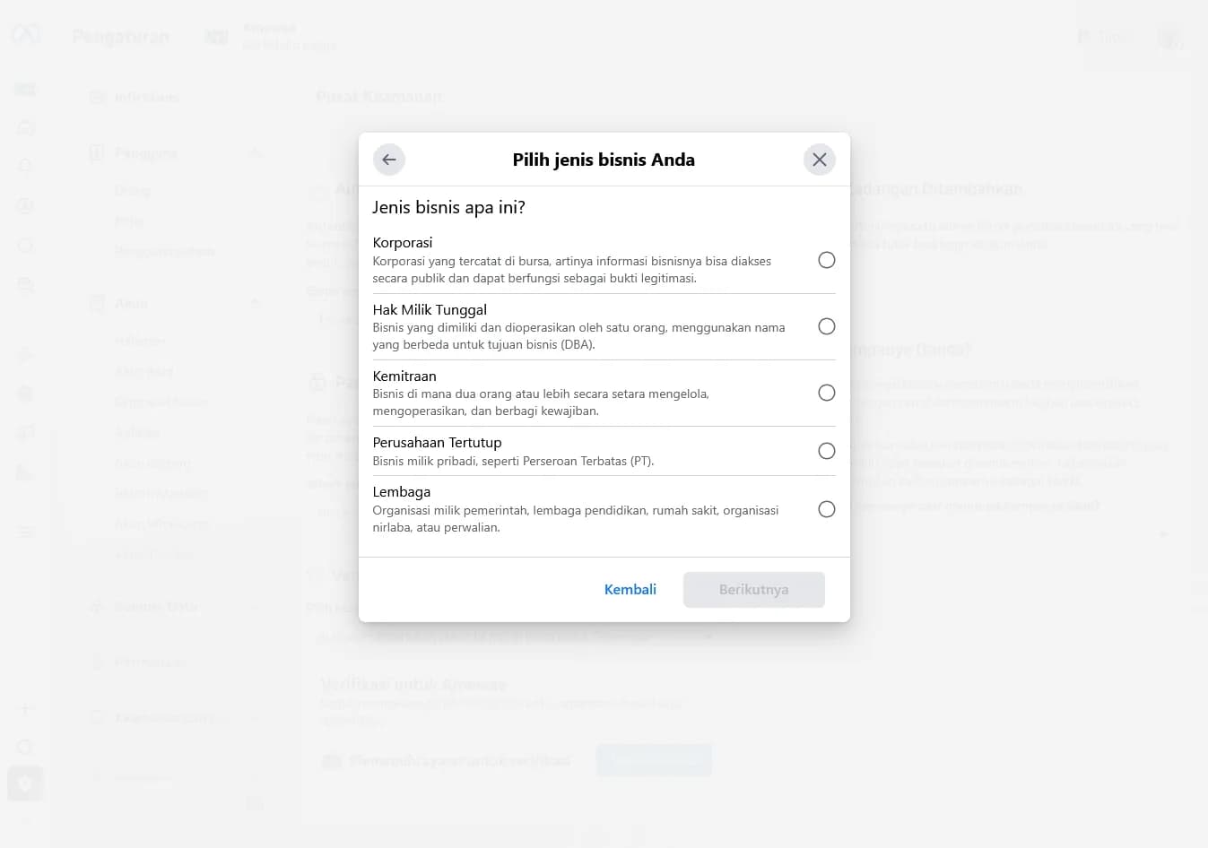Choose your business type modal with five options