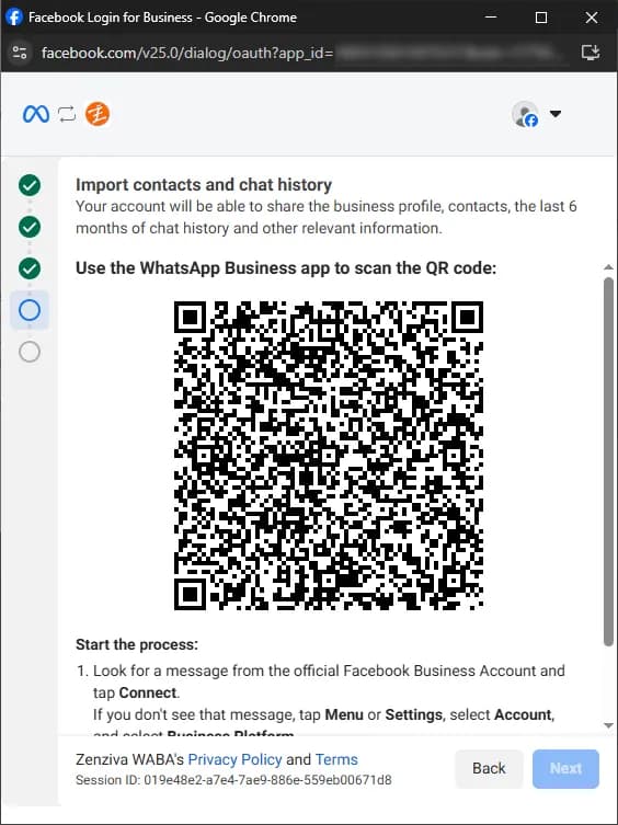 Gunakan aplikasi WhatsApp Business di handphone Anda untuk memindai kode QR yang ditampilkan di layar.