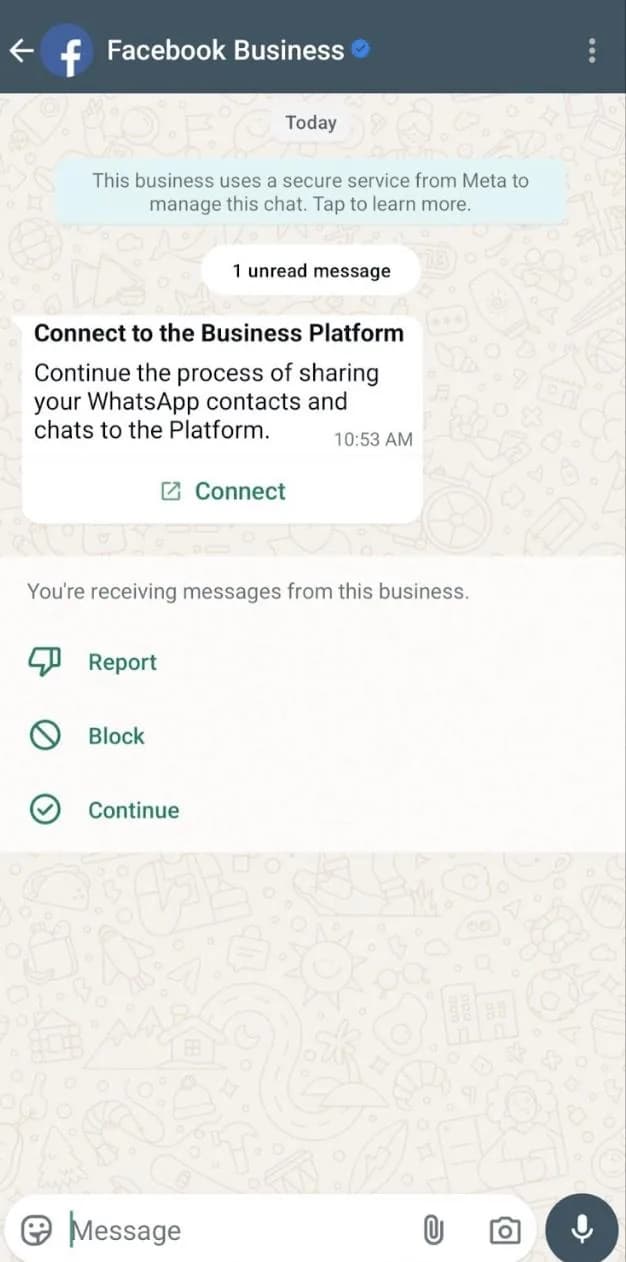 Pada aplikasi WhatsApp Business, Anda akan menerima pesan dari Facebook Business. Klik Connect.