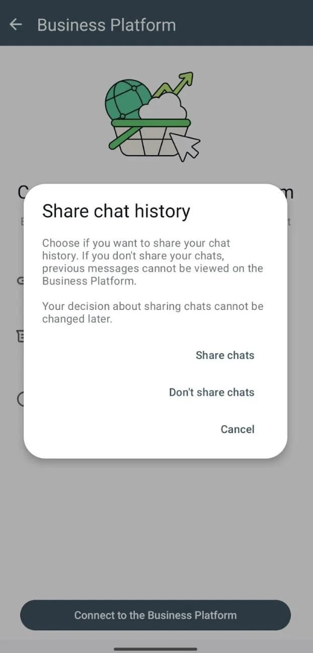 Pilih apakah riwayat percakapan ingin dibagikan atau tidak. Direkomendasikan: Don't share chat.