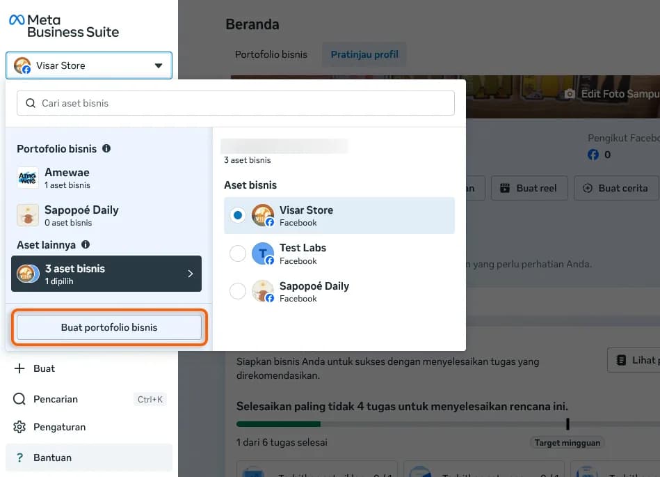 The account dropdown in Meta Business Suite showing "Create a business portfolio"
