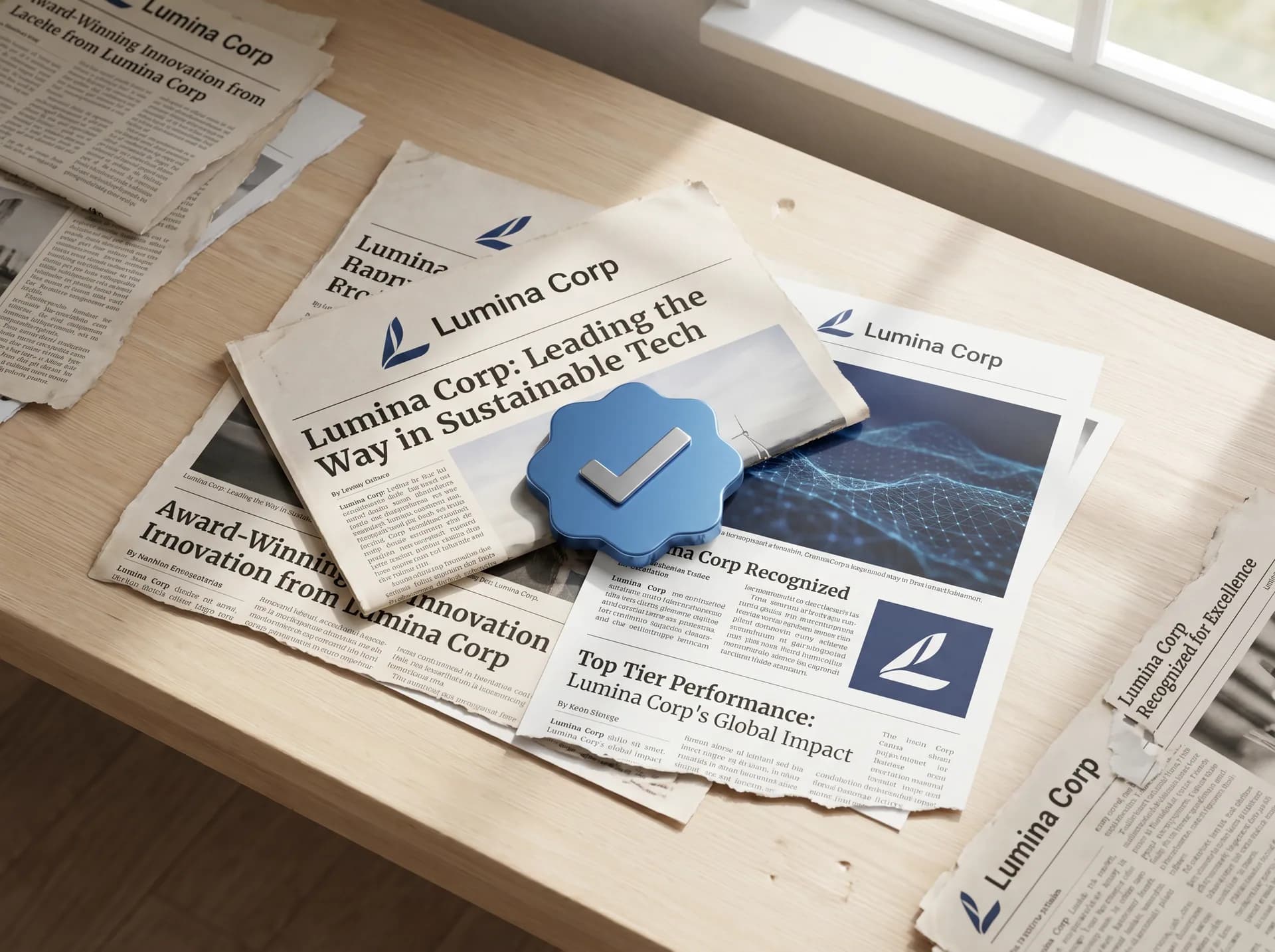 A brand emblem surrounded by press cards and a blue check